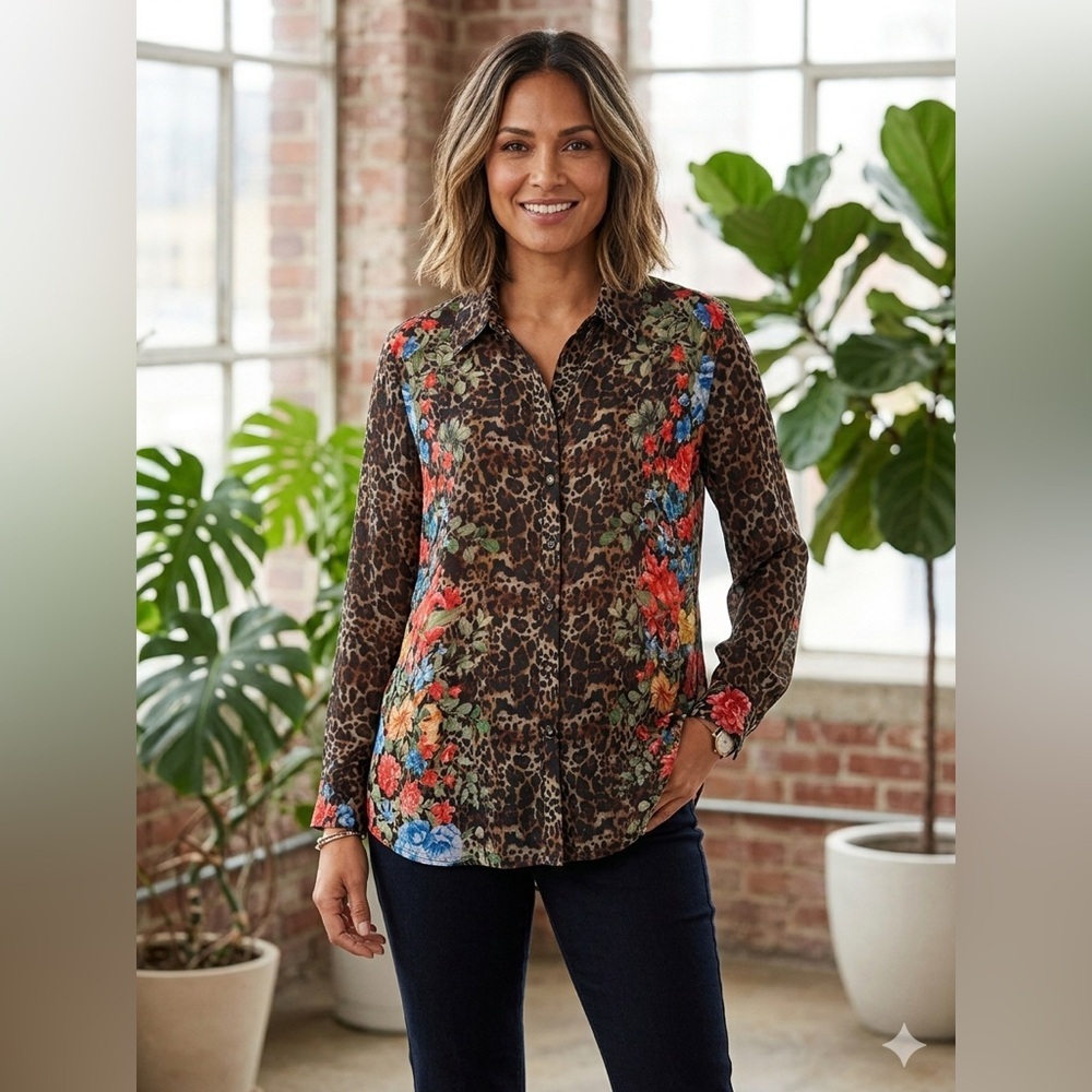 JOHN MARK Multicolor Animal Floral Button Tunic Blouse Rayón Nylon Long Sleeve